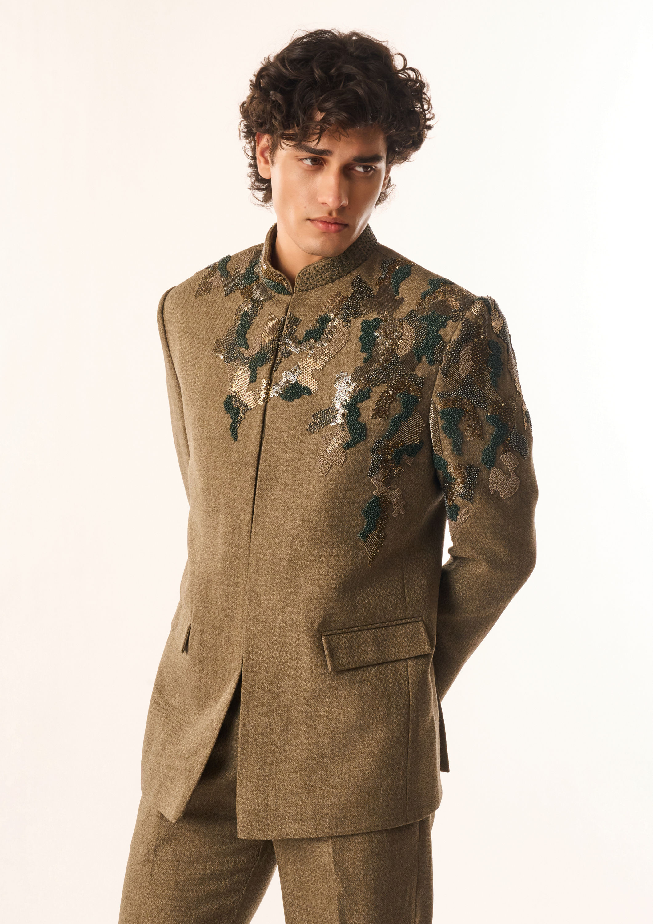 Twamev Men Olive Green Terrywool Jodhpuri Set with Embroidery