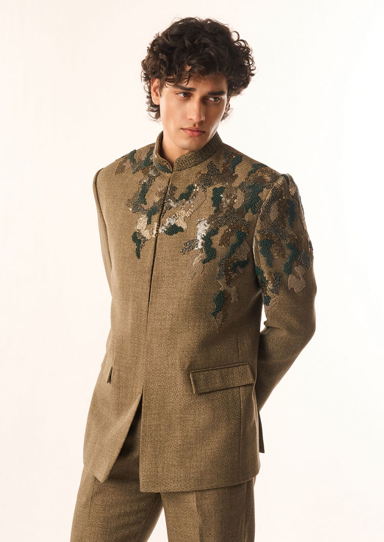 Twamev Men Olive Green Terrywool Jodhpuri Set with Embroidery