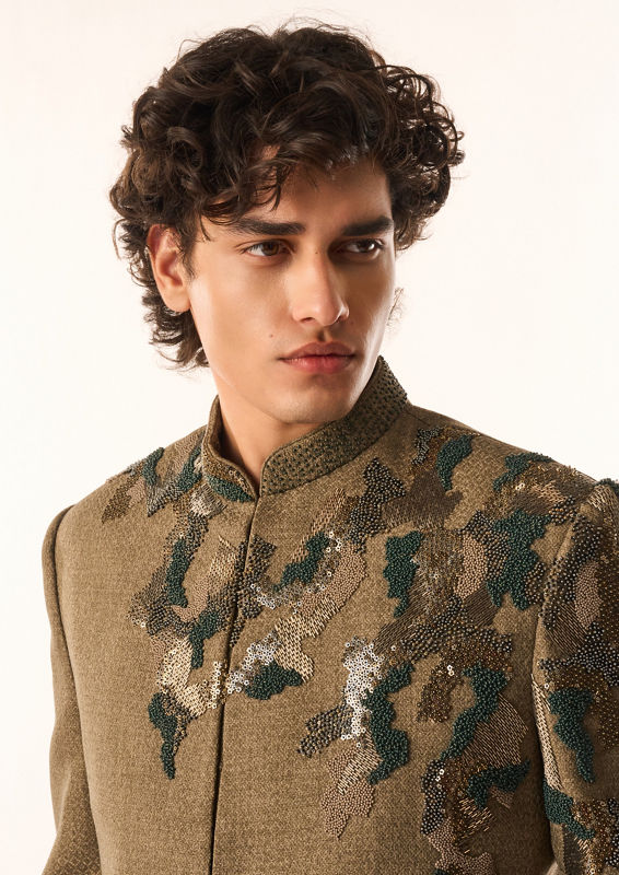 Twamev Men Olive Green Terrywool Jodhpuri Set with Embroidery