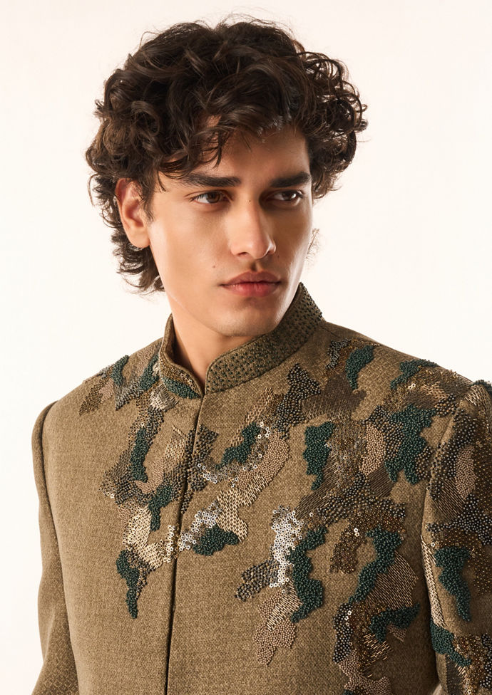 Twamev Men Olive Green Terrywool Jodhpuri Set with Embroidery