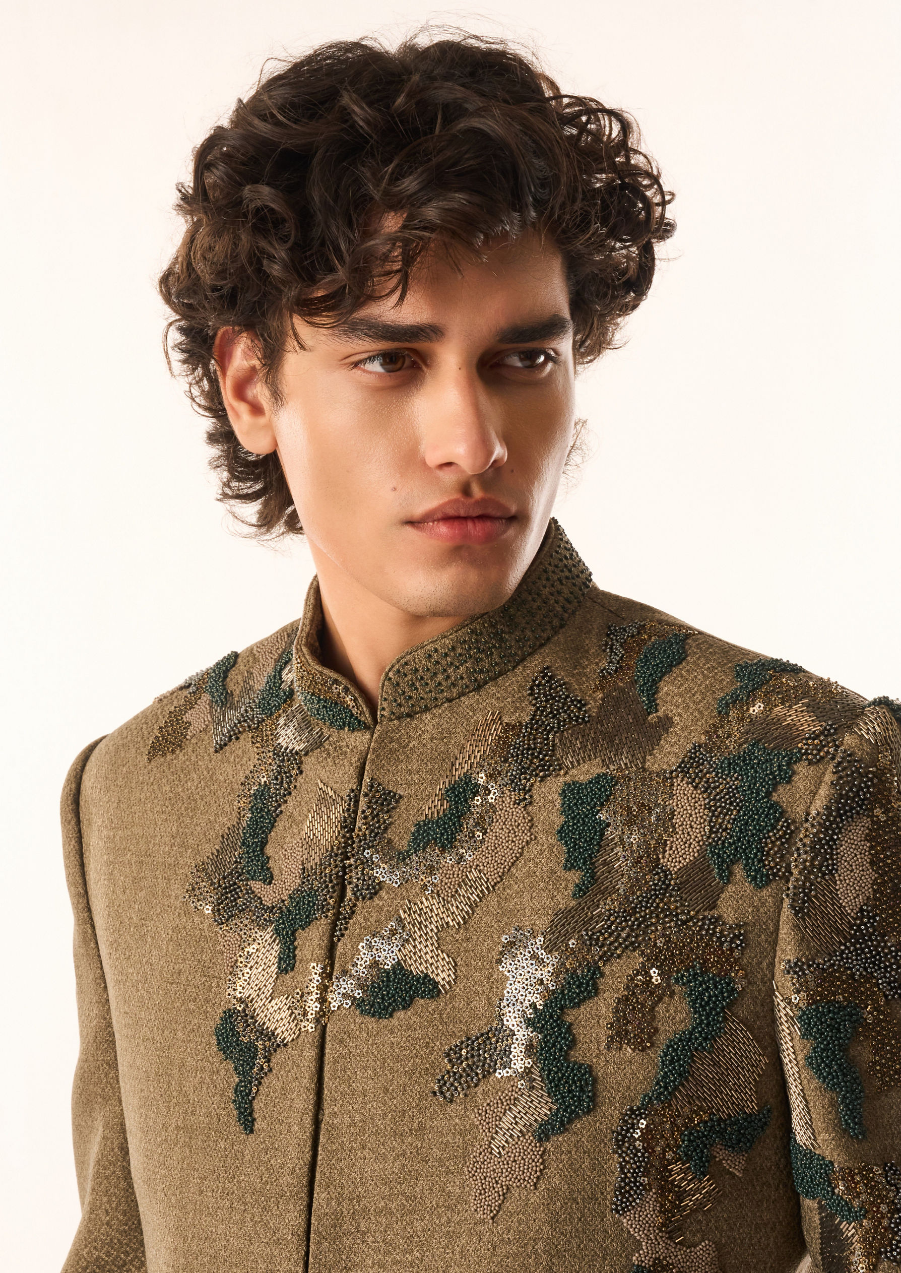 Twamev Men Olive Green Terrywool Jodhpuri Set with Embroidery