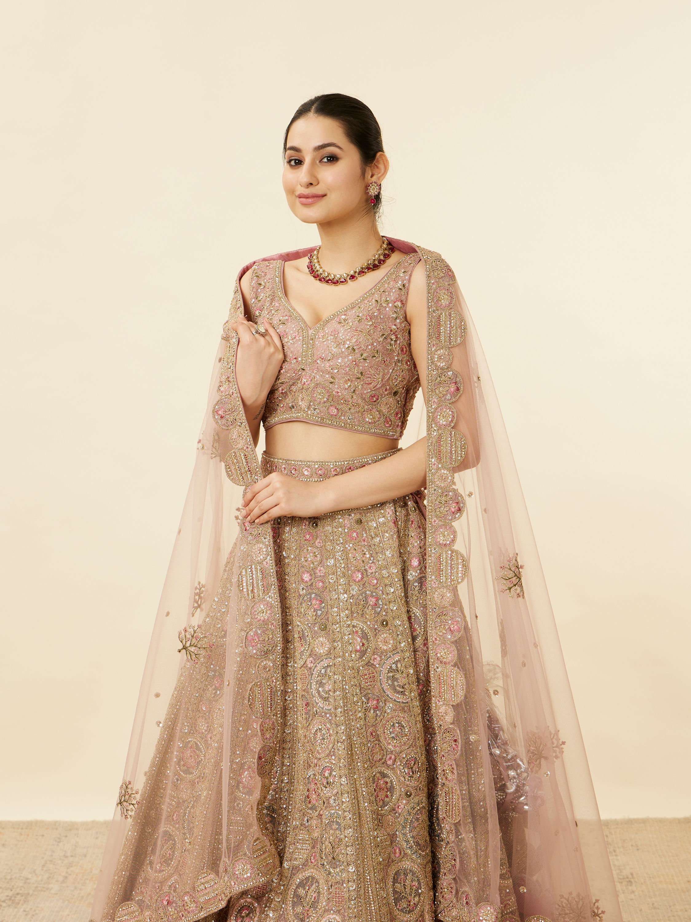 Mohey Women Purple Floral Embroidered Bridal Lehenga