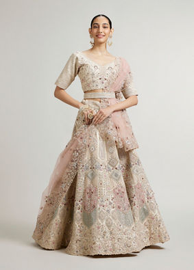 Mohey Women Dark Cream Lehenga with Motifs, Beads And Sequin Work
