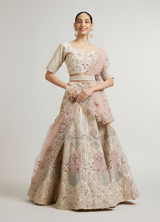 Mohey Women Dark Cream Lehenga with Motifs, Beads And Sequin Work