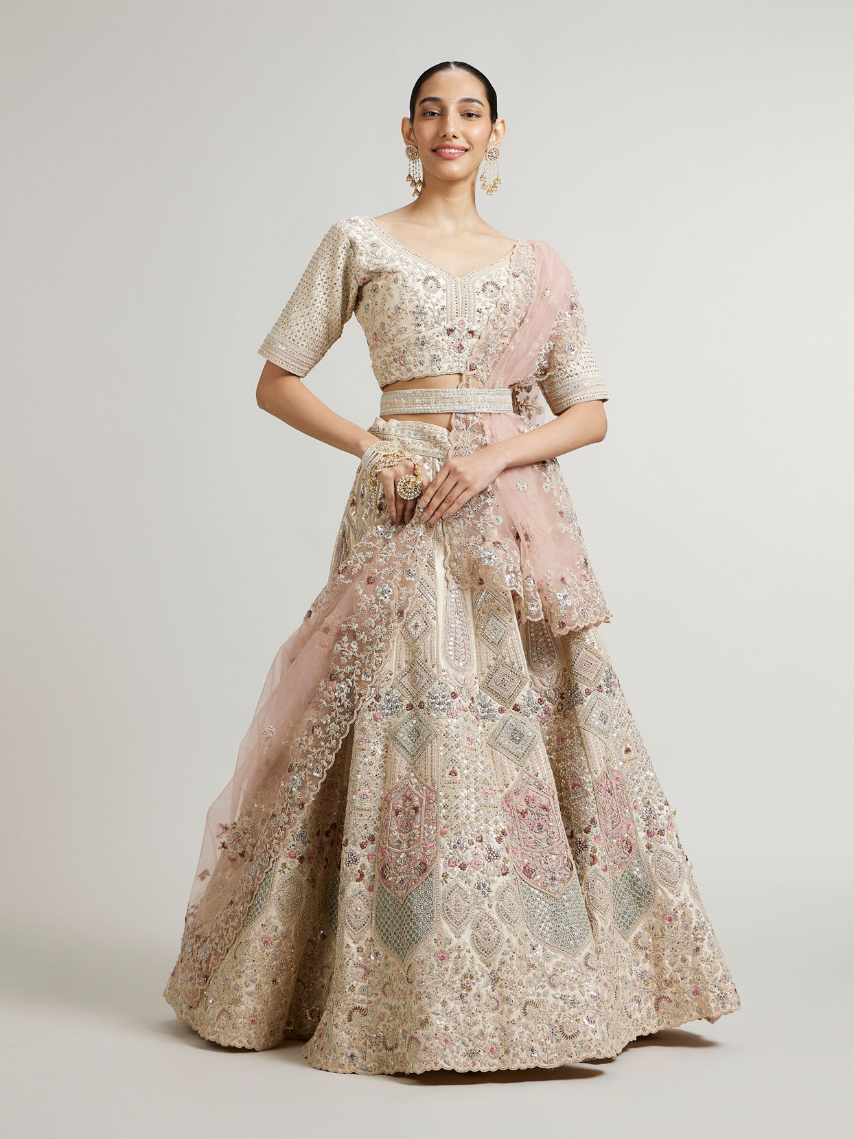 Mohey Women Dark Cream Lehenga with Motifs, Beads And Sequin Work