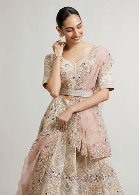 Mohey Women Dark Cream Lehenga with Motifs, Beads And Sequin Work
