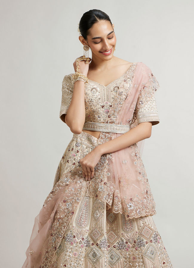 Mohey Women Dark Cream Lehenga with Motifs, Beads And Sequin Work