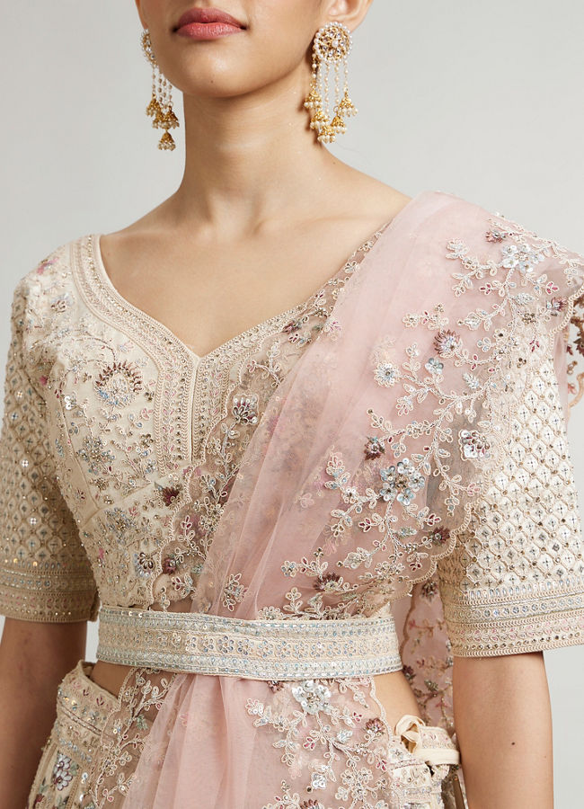 Mohey Women Dark Cream Lehenga with Motifs, Beads And Sequin Work