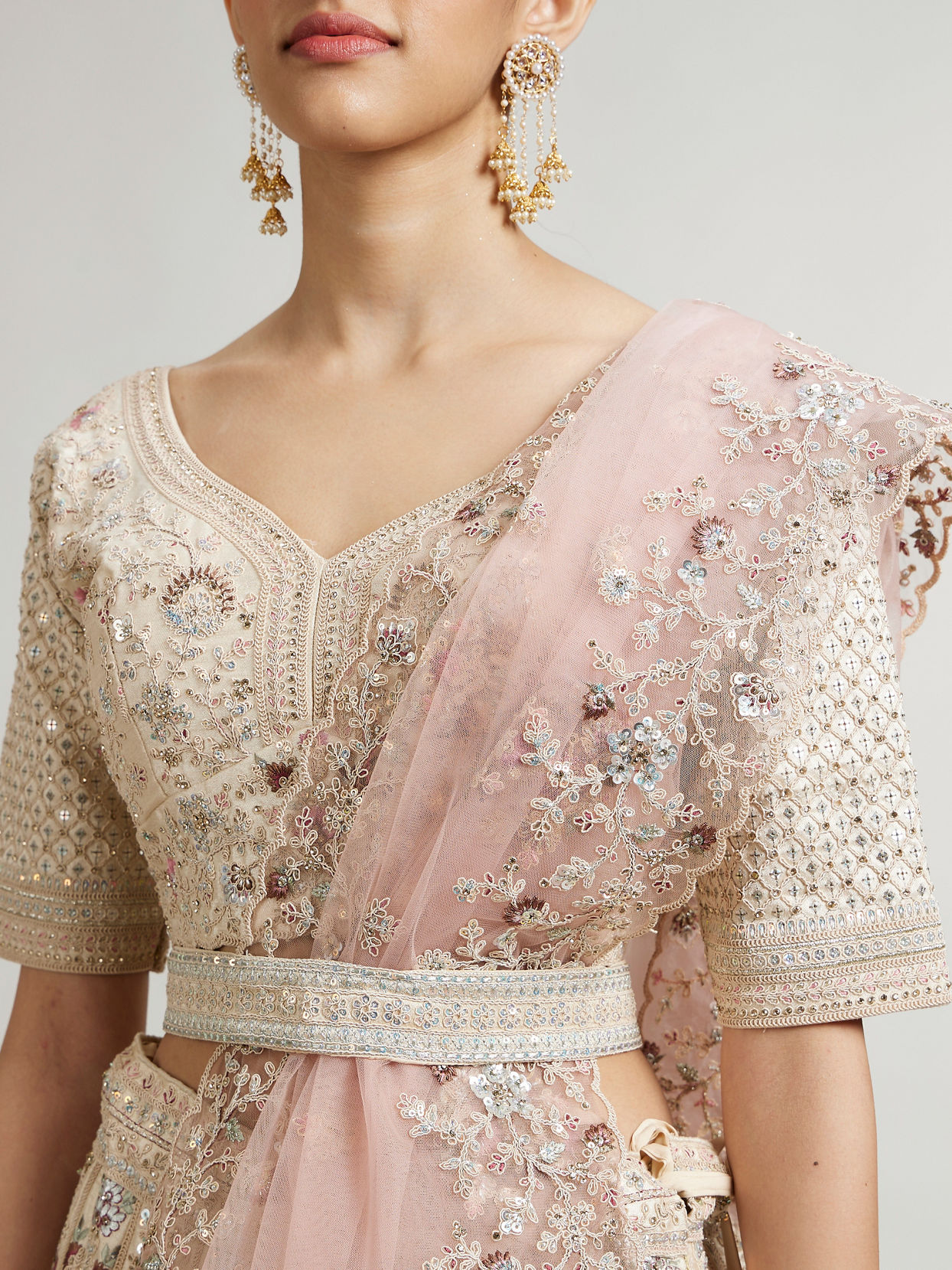 Mohey Women Dark Cream Lehenga with Motifs, Beads And Sequin Work
