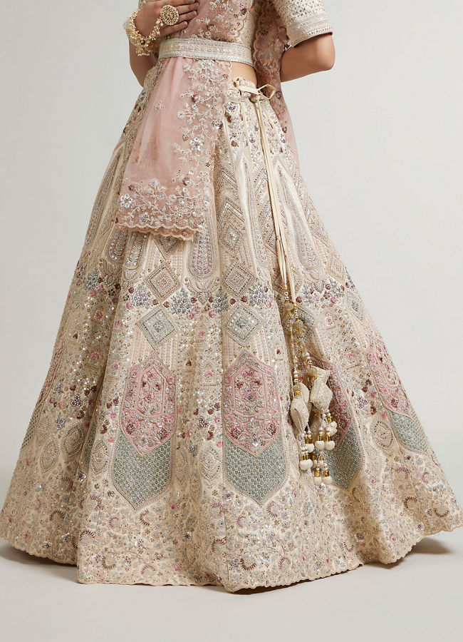 Mohey Women Dark Cream Lehenga with Motifs, Beads And Sequin Work