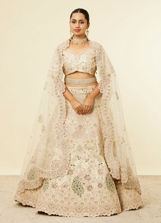 Mohey Women Dark Cream Floral Patterned Bridal Lehenga with Peacock Motifs