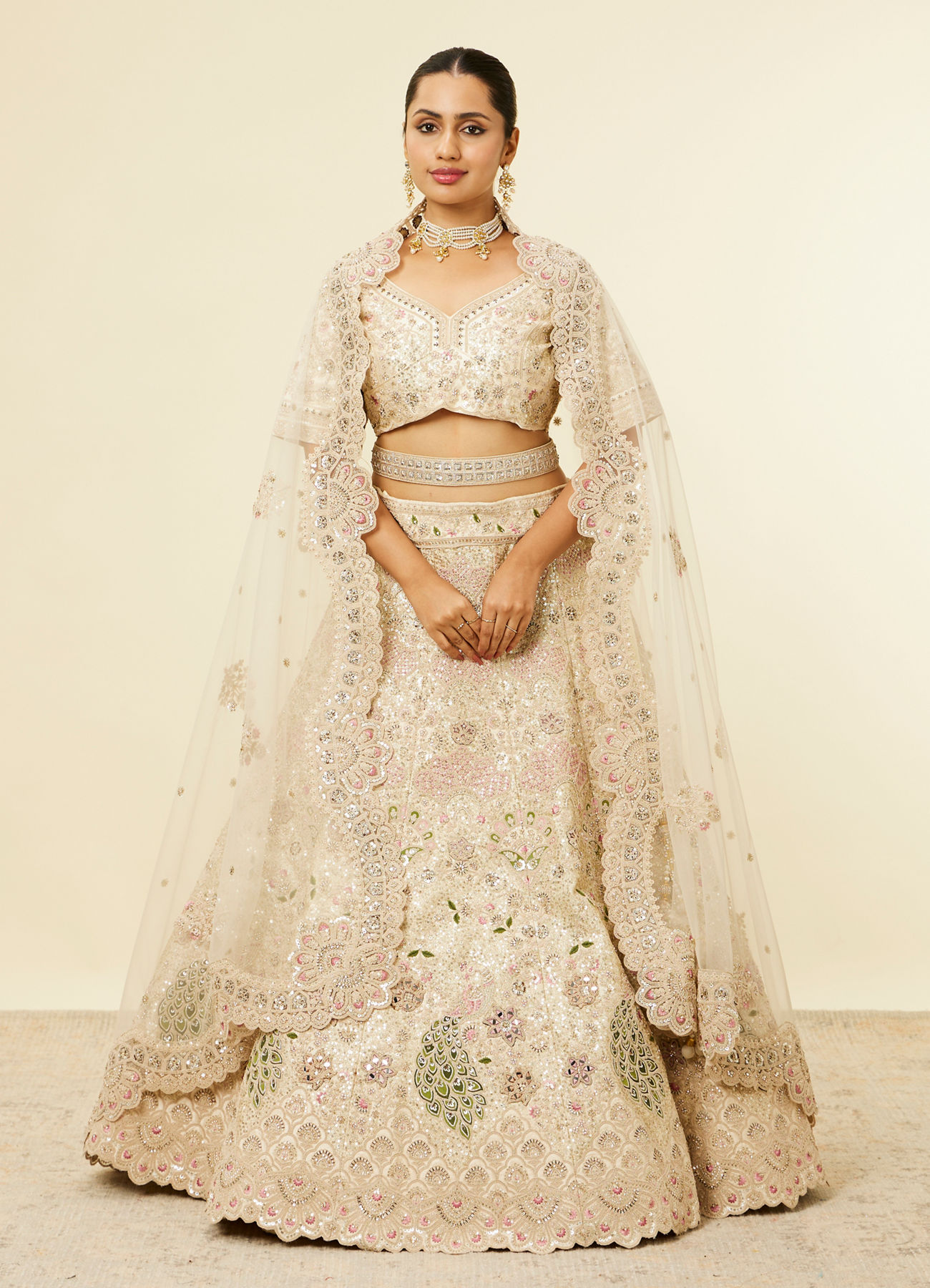 Mohey Women Dark Cream Floral Patterned Bridal Lehenga with Peacock Motifs