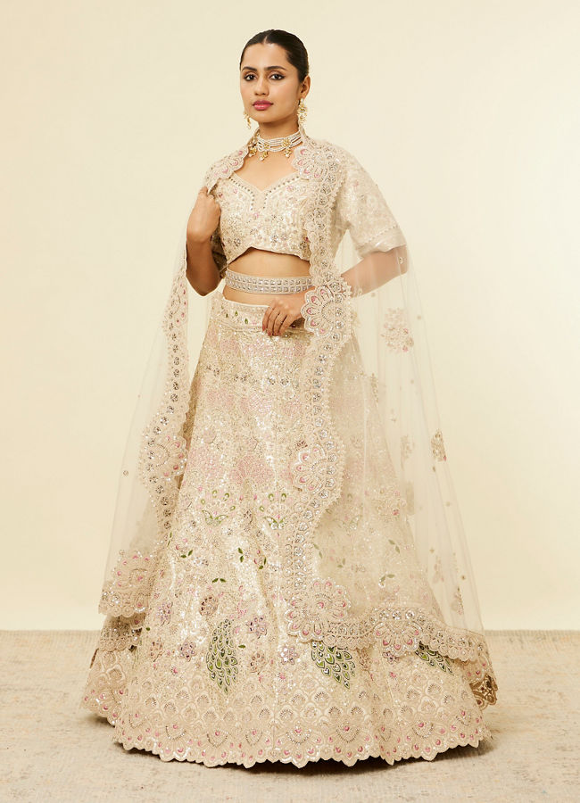 Mohey Women Dark Cream Floral Patterned Bridal Lehenga with Peacock Motifs