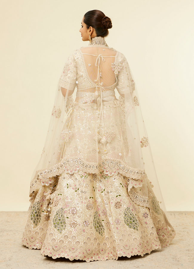Mohey Women Dark Cream Floral Patterned Bridal Lehenga with Peacock Motifs