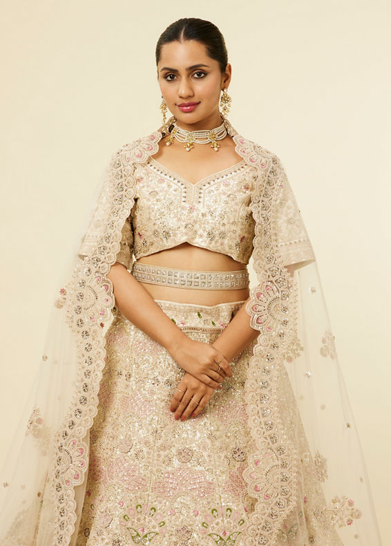 Mohey Women Dark Cream Floral Patterned Bridal Lehenga with Peacock Motifs