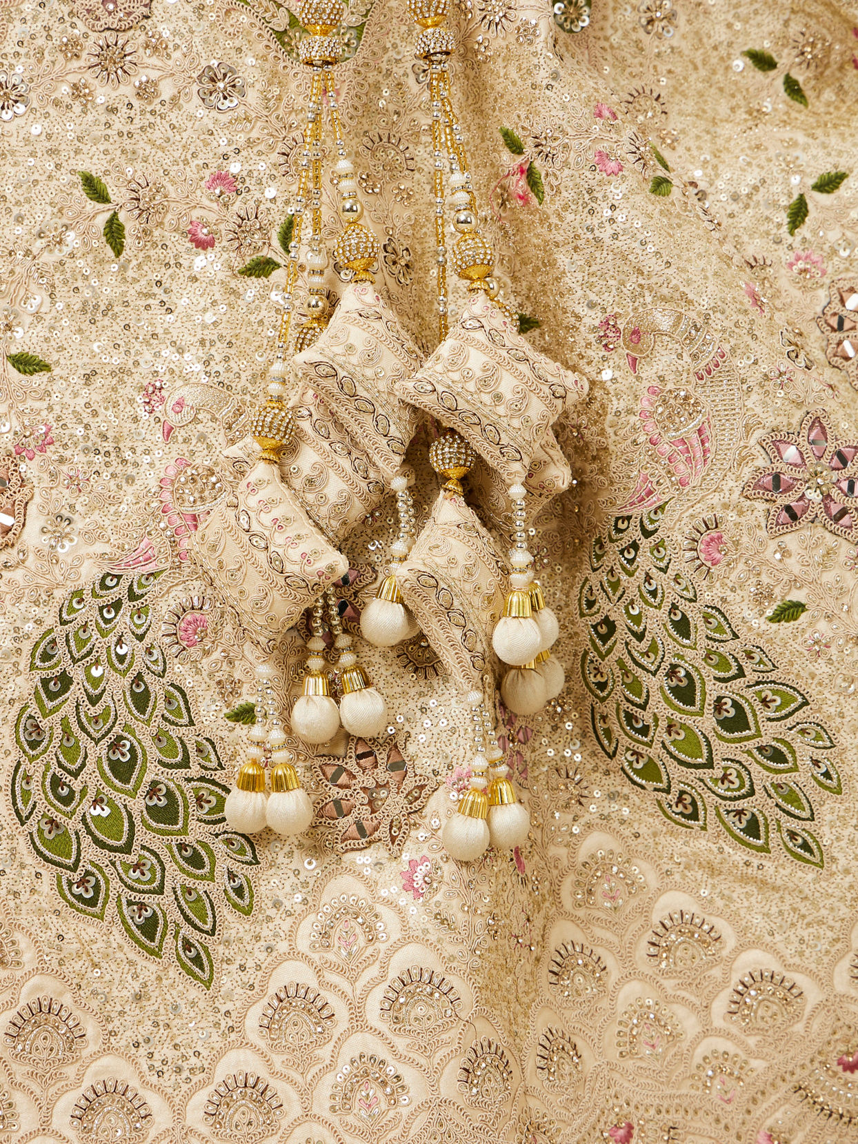 Mohey Women Dark Cream Floral Patterned Bridal Lehenga with Peacock Motifs