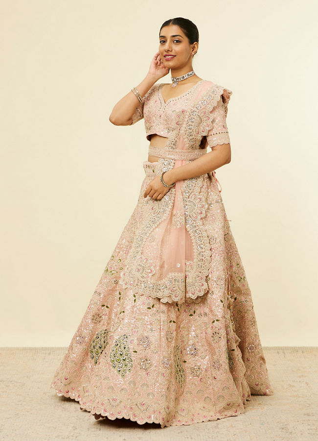 Mohey Women Golden Pink Sitara Embroidered Bridal Lehenga with Peacock Motifs