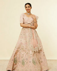 Mohey Women Golden Pink Sitara Embroidered Bridal Lehenga with Peacock Motifs