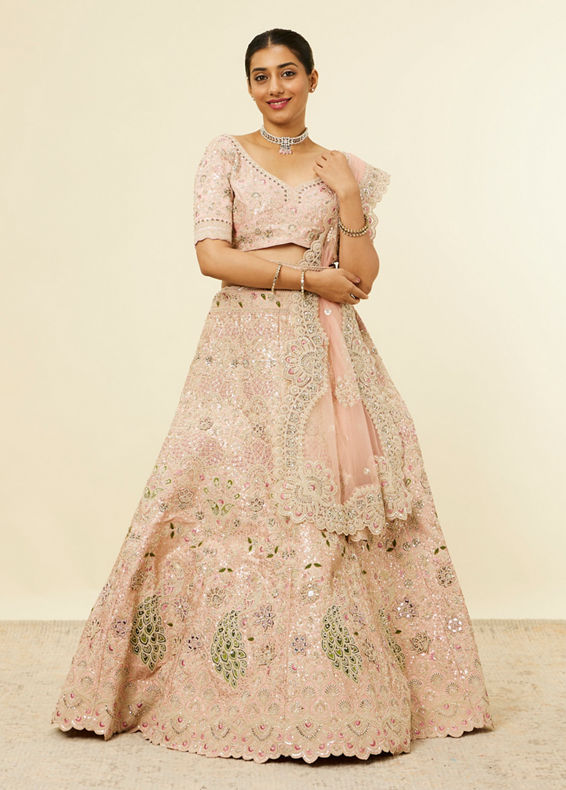 Mohey Women Golden Pink Sitara Embroidered Bridal Lehenga with Peacock Motifs