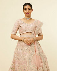 Mohey Women Golden Pink Sitara Embroidered Bridal Lehenga with Peacock Motifs
