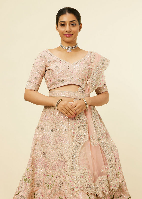 Mohey Women Golden Pink Sitara Embroidered Bridal Lehenga with Peacock Motifs