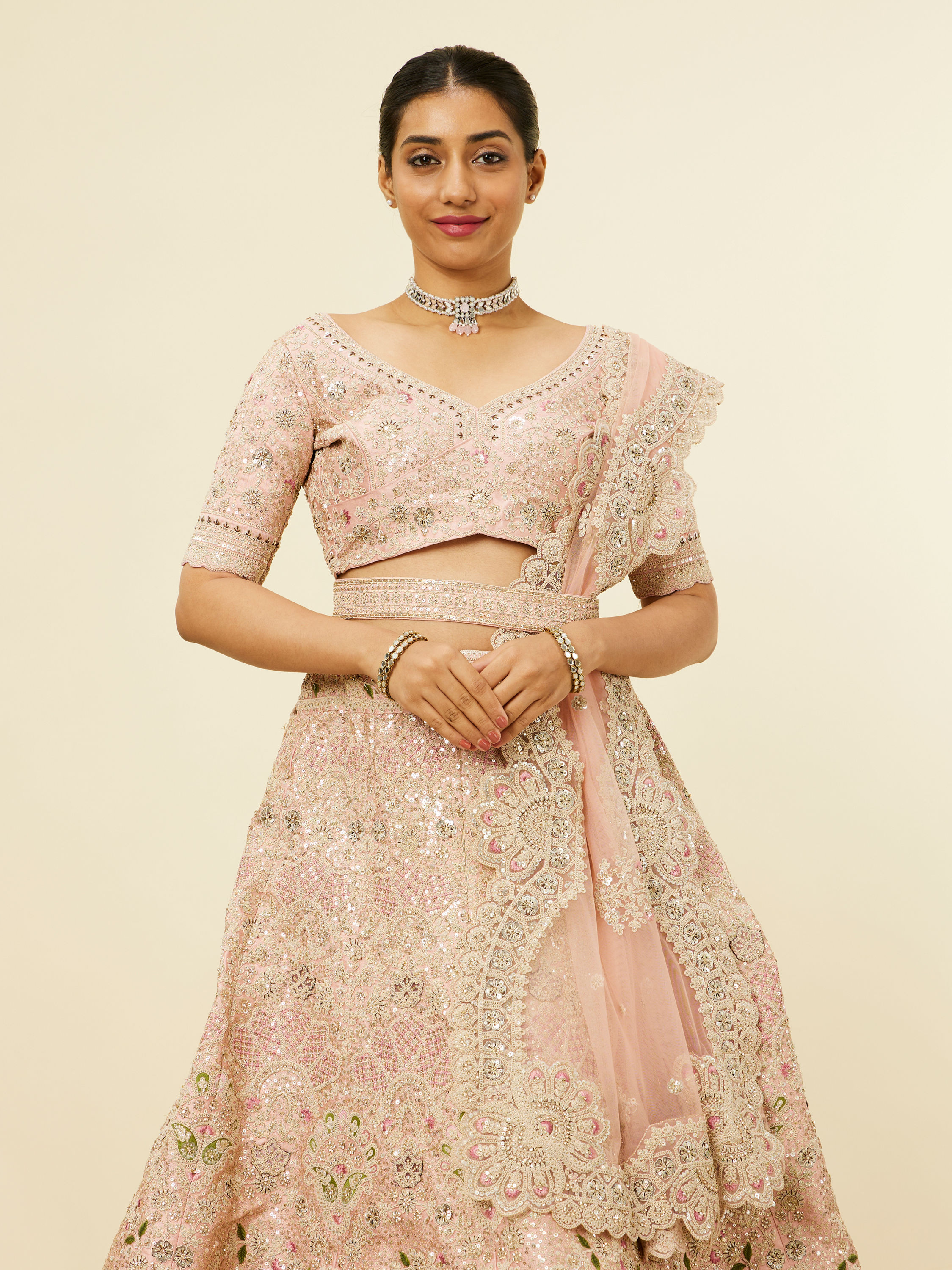 Mohey Women Golden Pink Sitara Embroidered Bridal Lehenga with Peacock Motifs