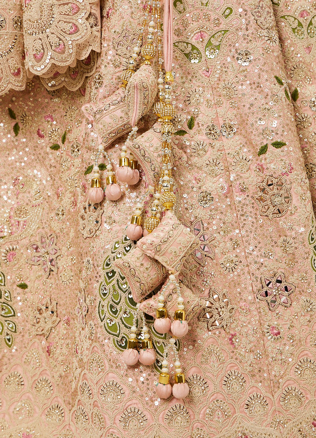 Mohey Women Golden Pink Sitara Embroidered Bridal Lehenga with Peacock Motifs