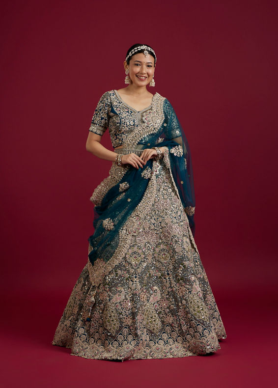 Mohey Women Teal Blue Sequinned Lehenga with Jaal Pattern and Peacock Motifs