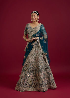 Mohey Women Teal Blue Sequinned Lehenga with Jaal Pattern and Peacock Motifs image number 2