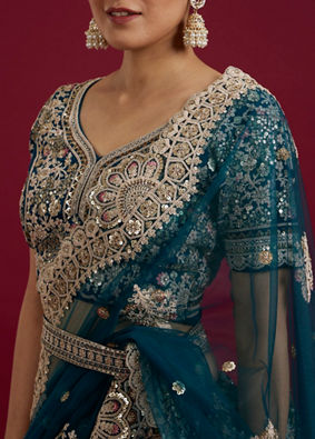 Mohey Women Teal Blue Sequinned Lehenga with Jaal Pattern and Peacock Motifs image number 3