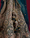 Mohey Women Teal Blue Sequinned Lehenga with Jaal Pattern And Peacock Motifs