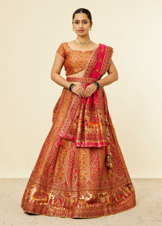 Mohey Women Mustard Yellow Bel Buti Patterned Benarasi Lehenga