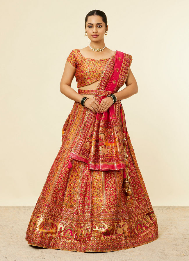 Mohey Women Mustard Yellow Bel Buti Patterned Benarasi Lehenga