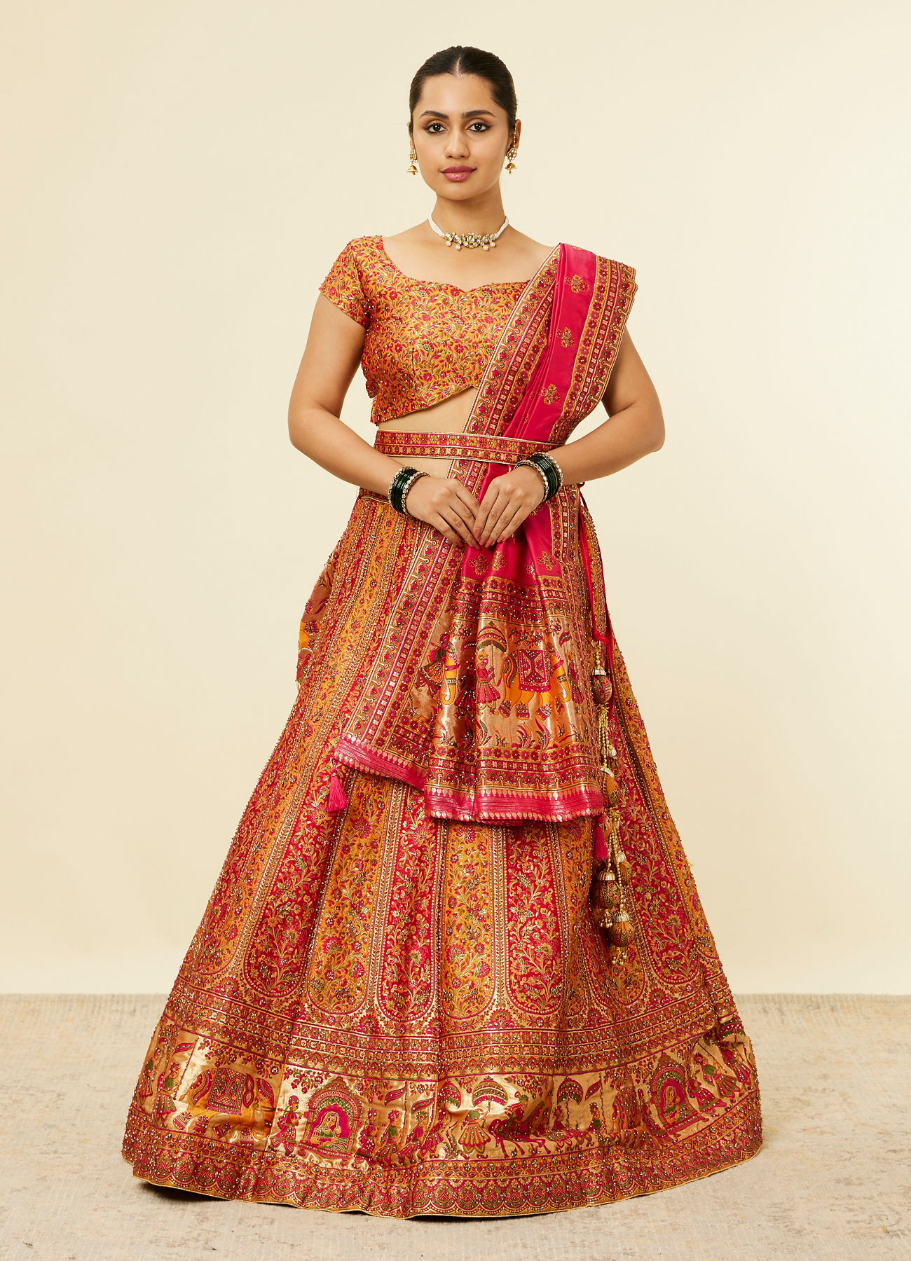 Mohey Women Mustard Yellow Bel Buti Patterned Benarasi Lehenga
