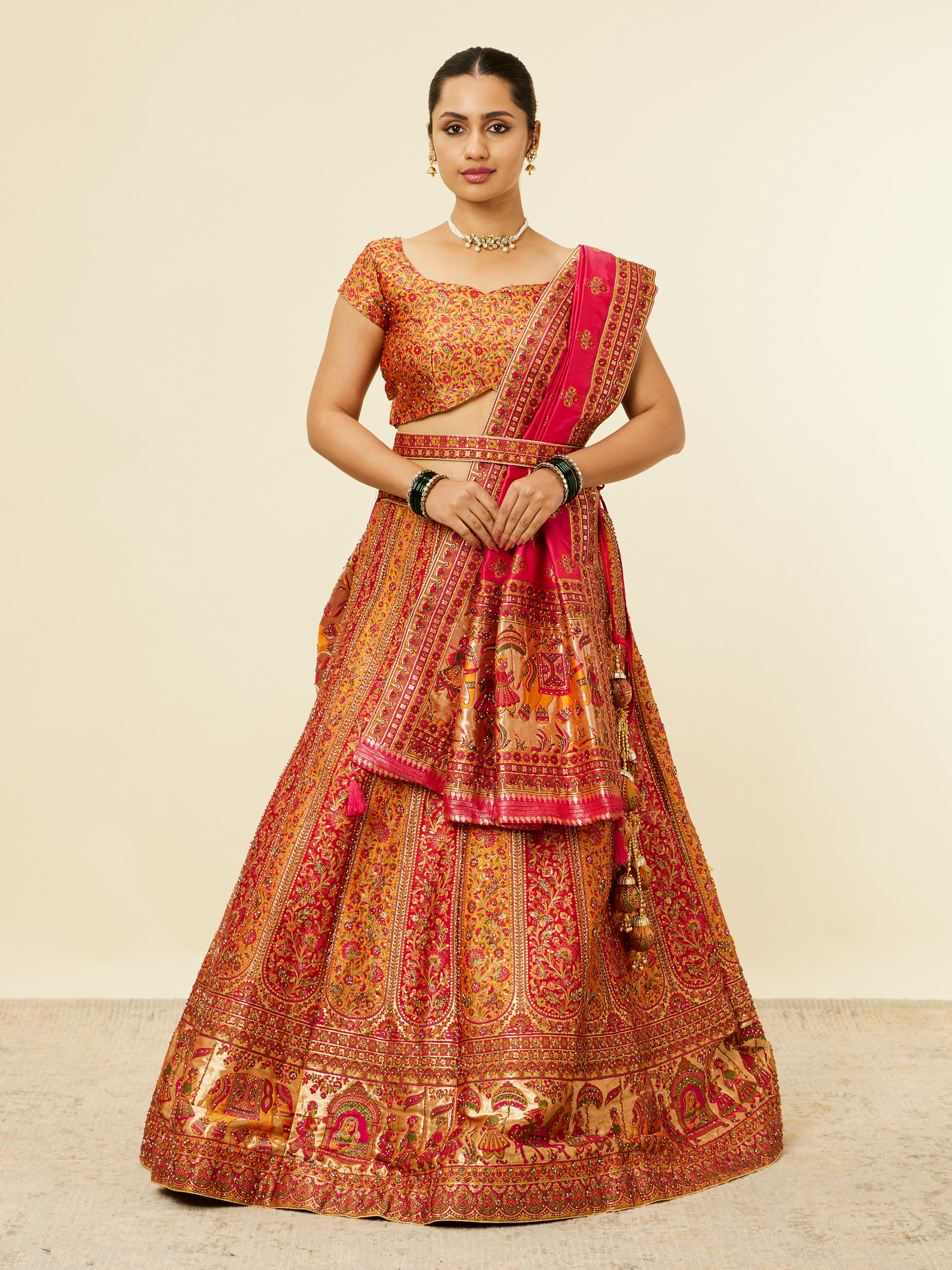 Mohey Women Mustard Yellow Bel Buti Patterned Benarasi Lehenga