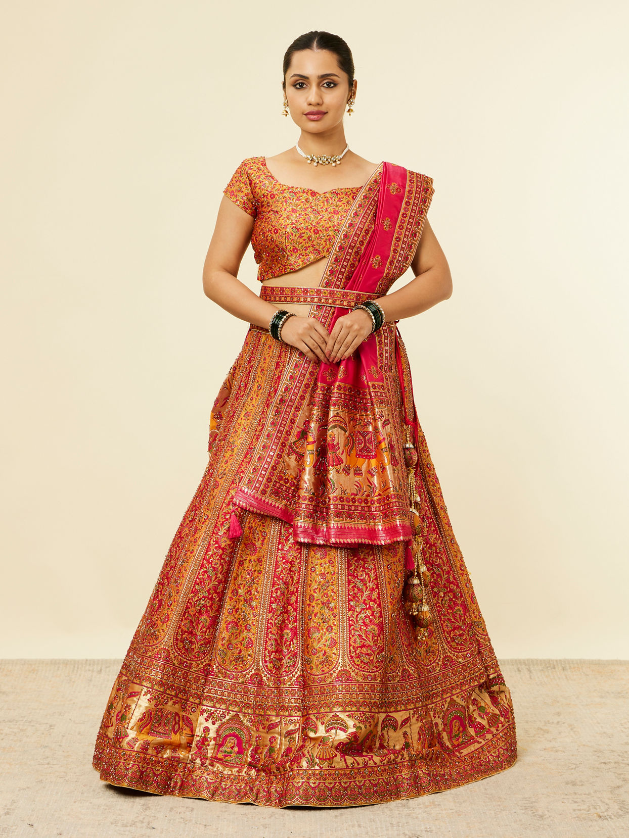 Mohey Women Mustard Yellow Bel Buti Patterned Benarasi Lehenga