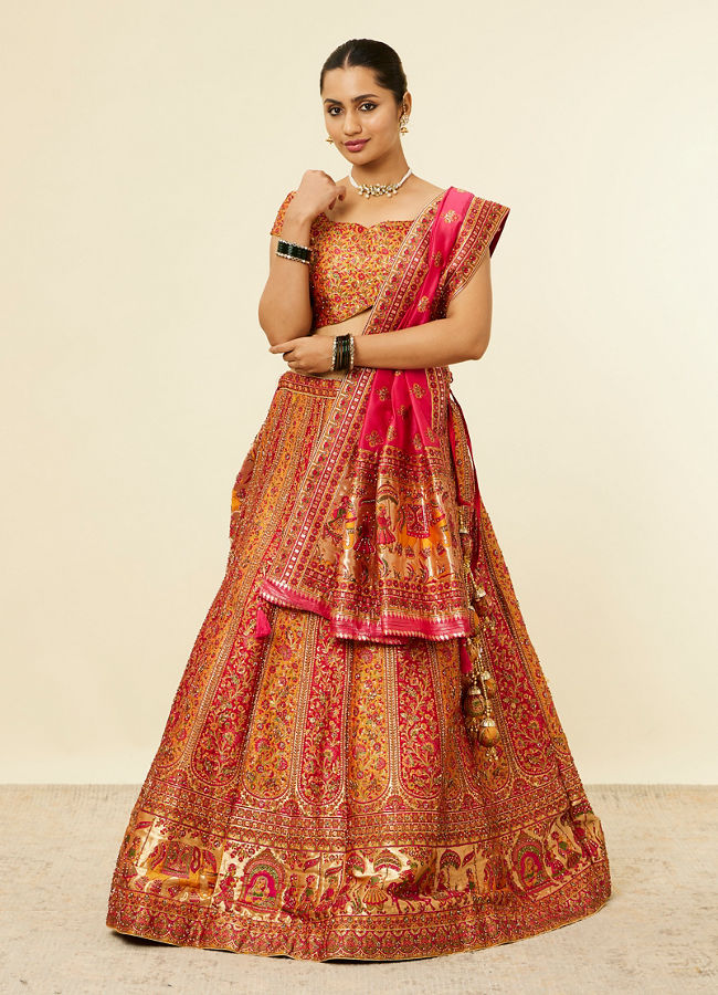 Mohey Women Mustard Yellow Bel Buti Patterned Benarasi Lehenga