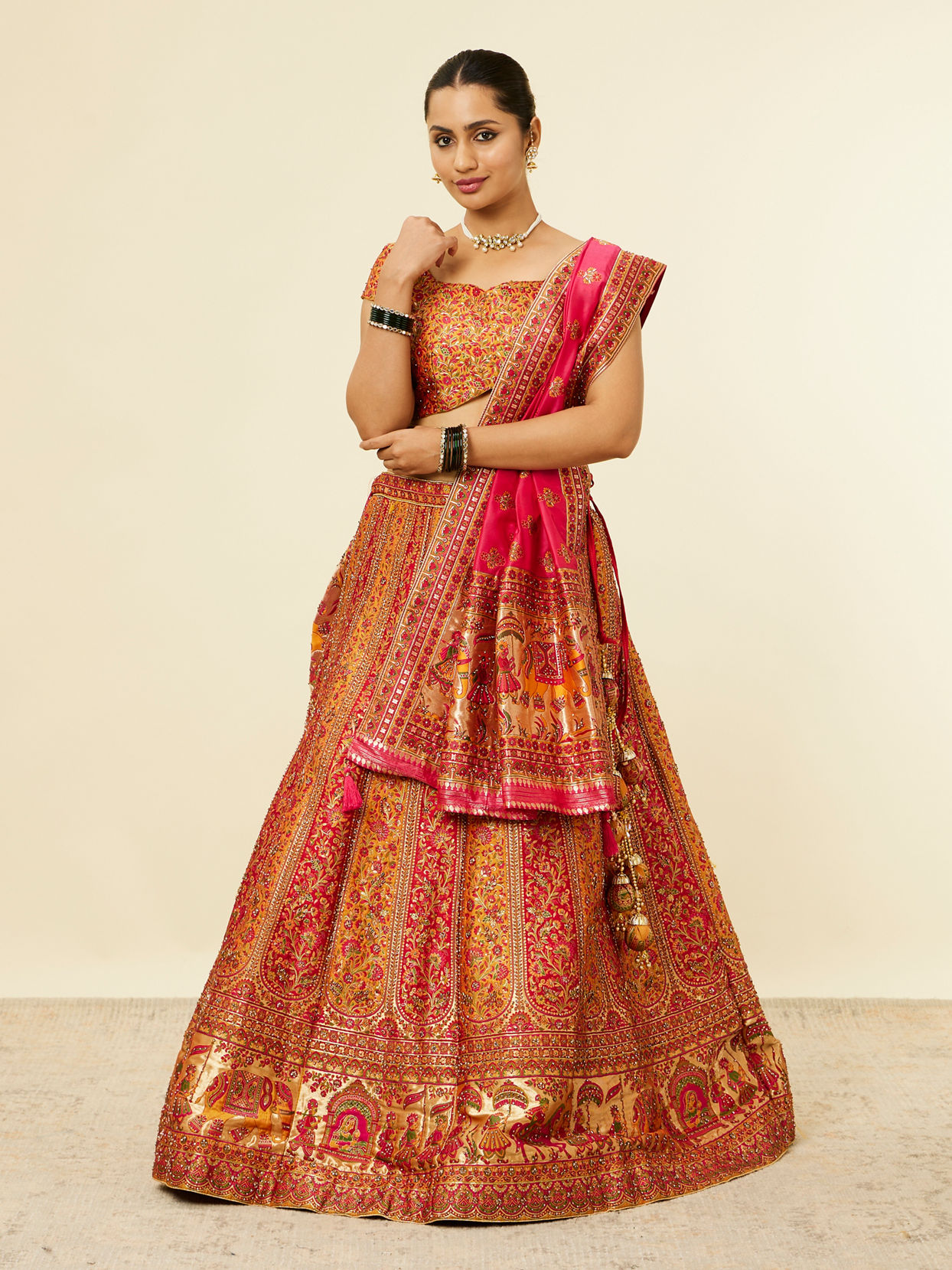 Mohey Women Mustard Yellow Bel Buti Patterned Benarasi Lehenga