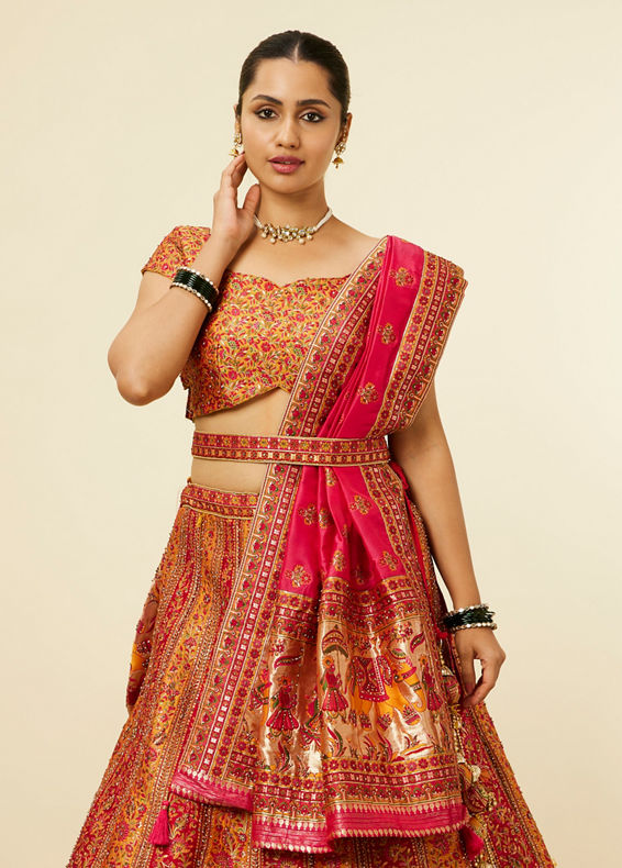 Mohey Women Mustard Yellow Bel Buti Patterned Benarasi Lehenga