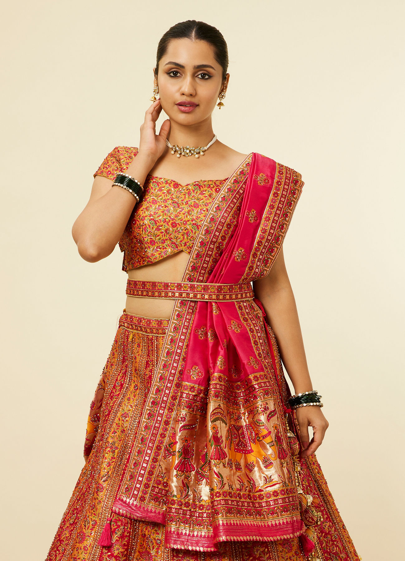 Mohey Women Mustard Yellow Bel Buti Patterned Benarasi Lehenga