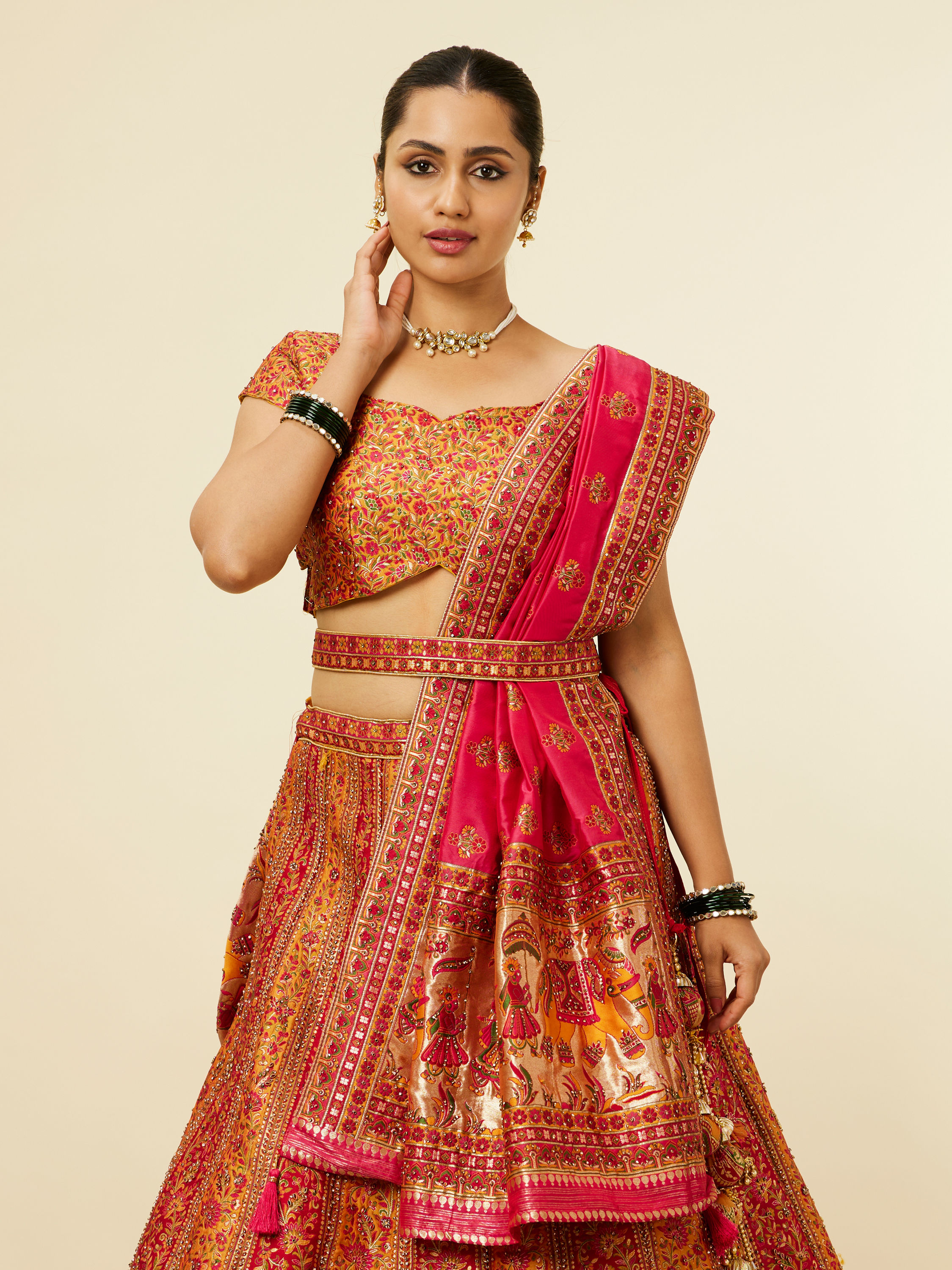 Mohey Women Mustard Yellow Bel Buti Patterned Benarasi Lehenga