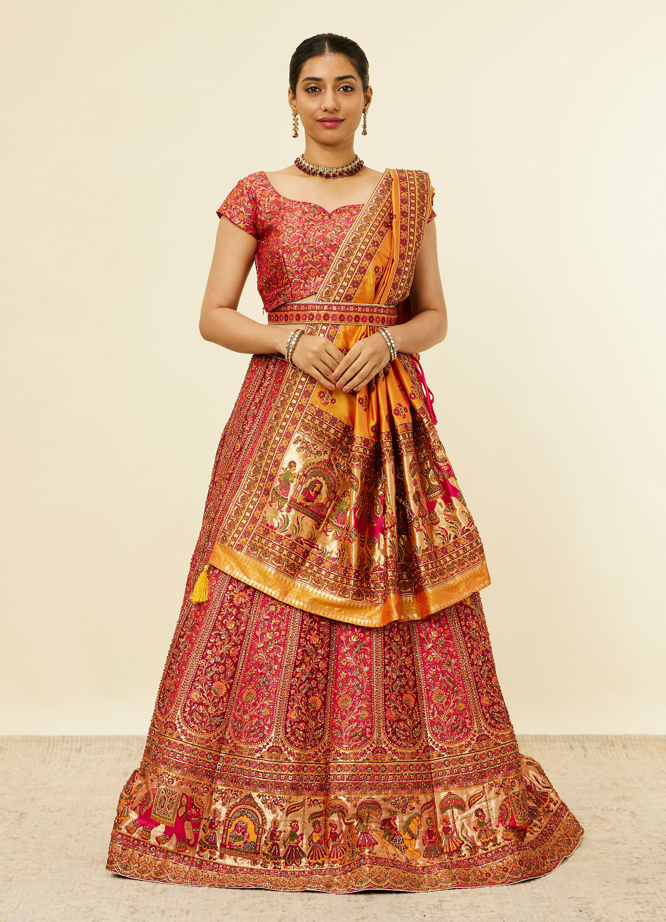 Mohey Women Rani Pink Bel Buti Patterned Benarasi Lehenga