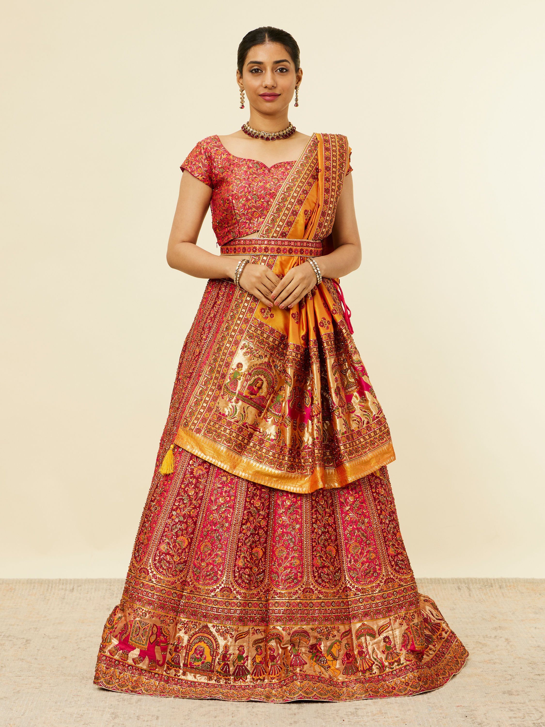 Mohey Women Rani Pink Bel Buti Patterned Benarasi Lehenga