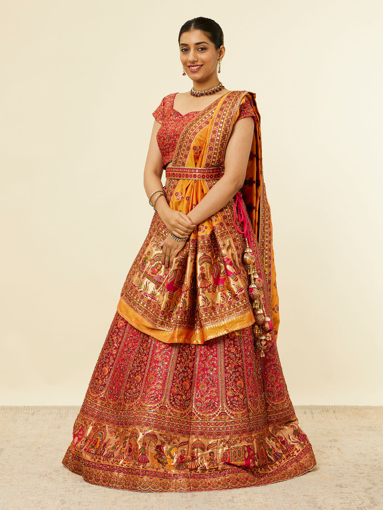 Mohey Women Rani Pink Bel Buti Patterned Benarasi Lehenga