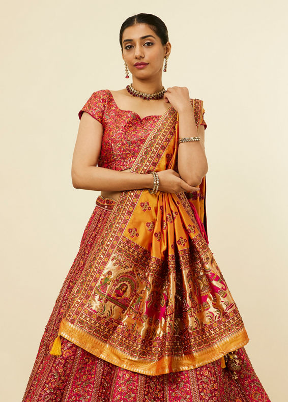 Mohey Women Rani Pink Bel Buti Patterned Benarasi Lehenga