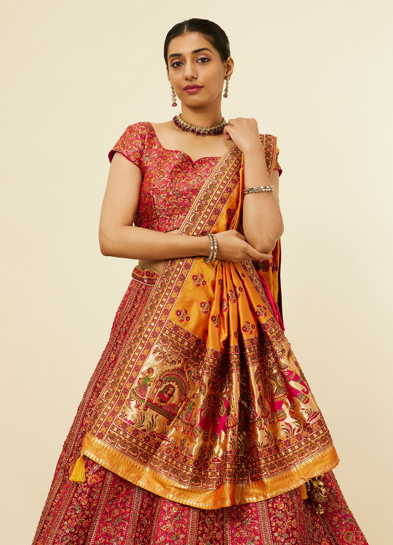 Mohey Women Rani Pink Bel Buti Patterned Benarasi Lehenga