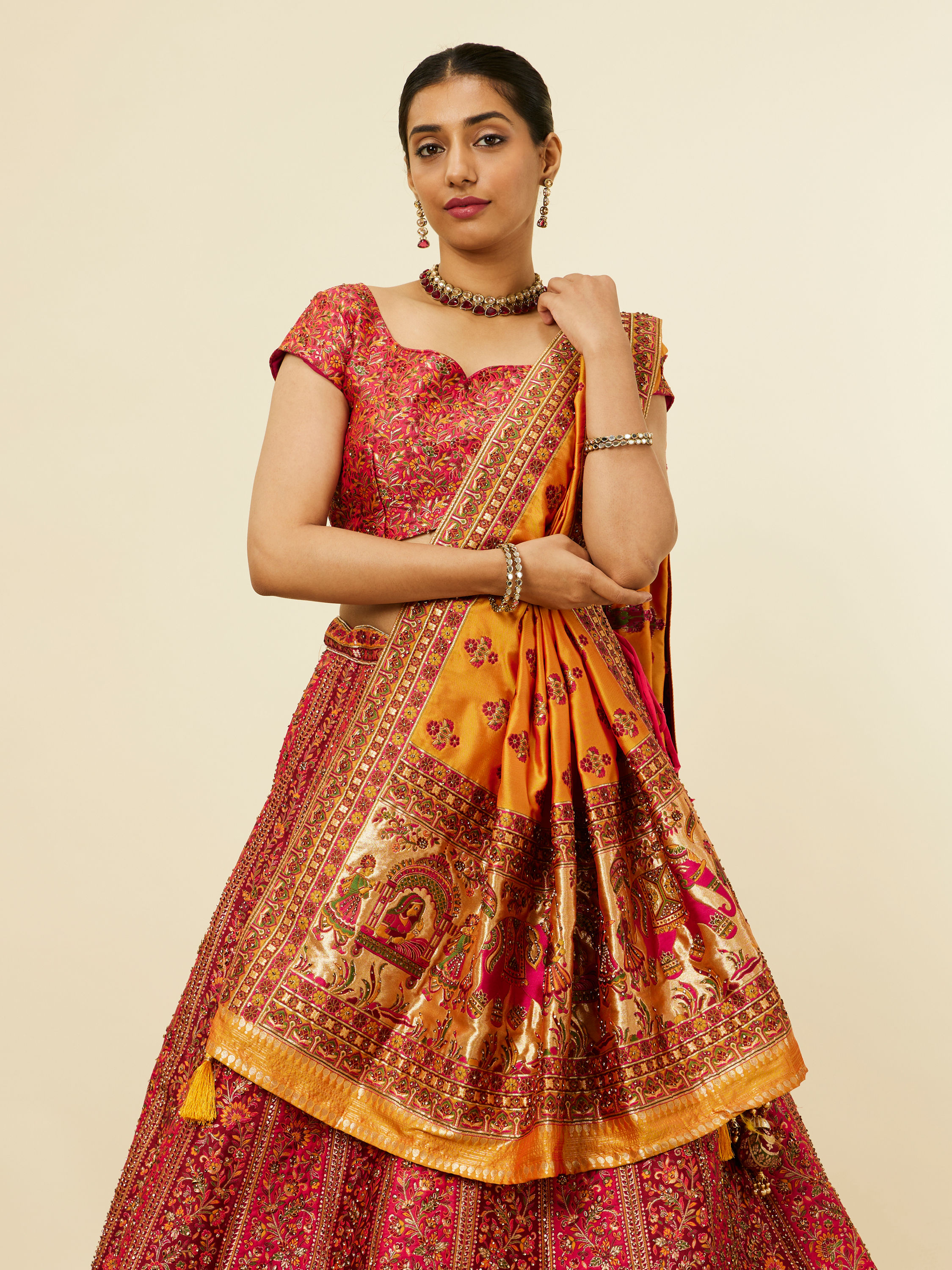 Mohey Women Rani Pink Bel Buti Patterned Benarasi Lehenga