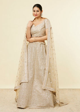 Mohey Women Beige Rhinestone Embellished Lehenga