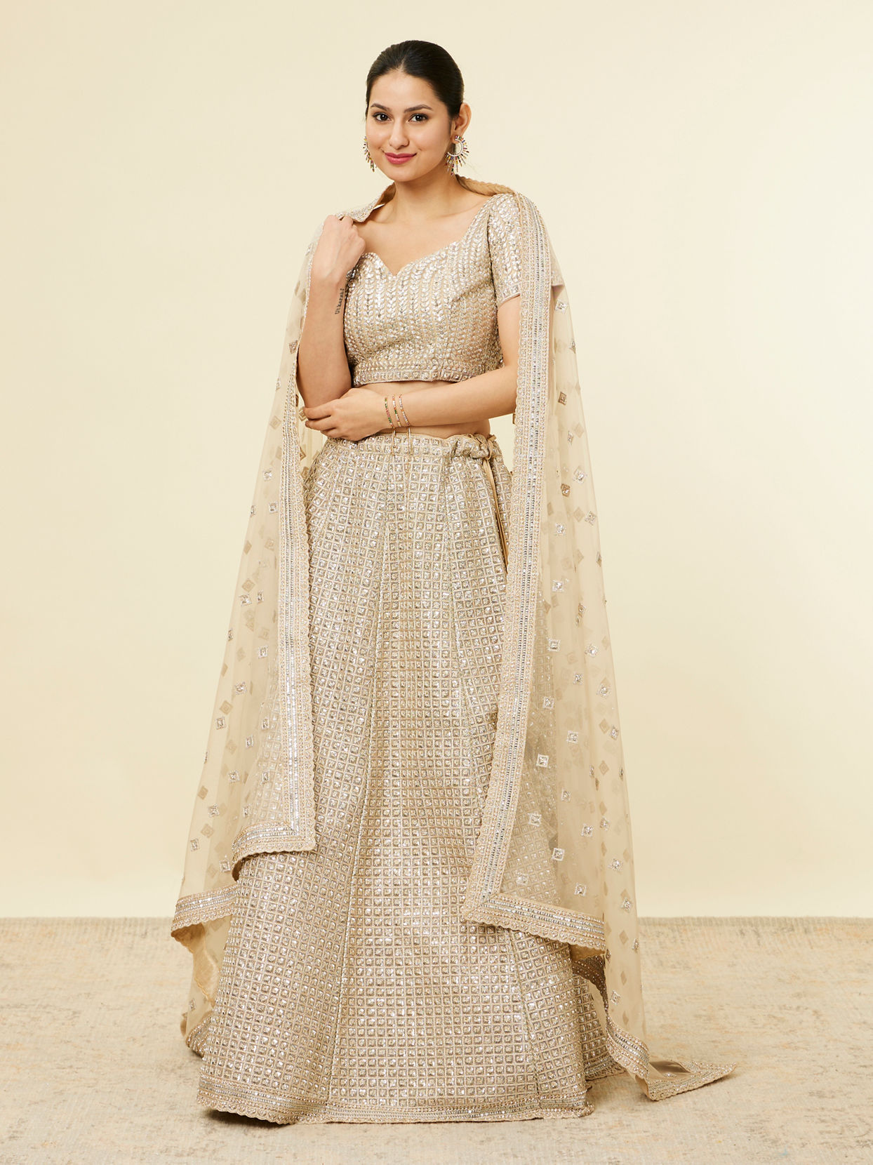 Beige Rhinestone Embellished Lehenga image number 0