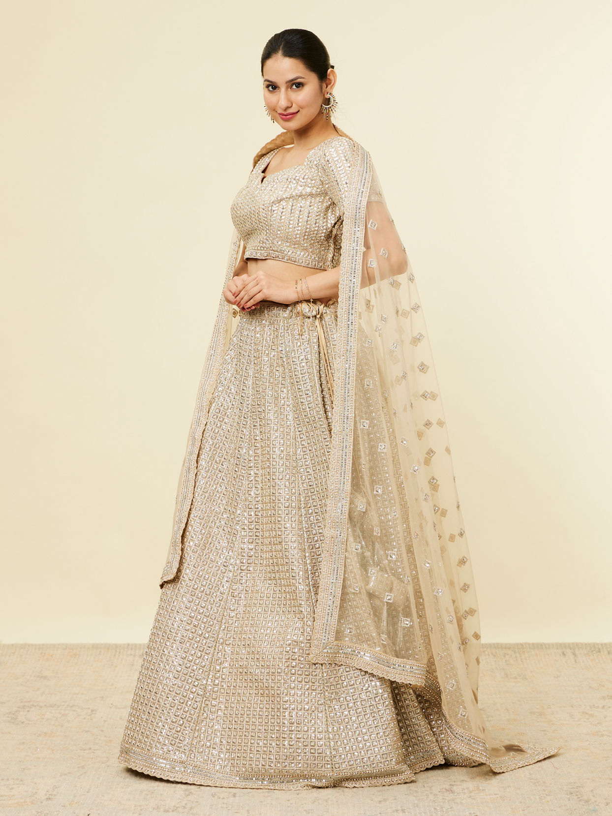 Mohey Women Beige Rhinestone Embellished Lehenga